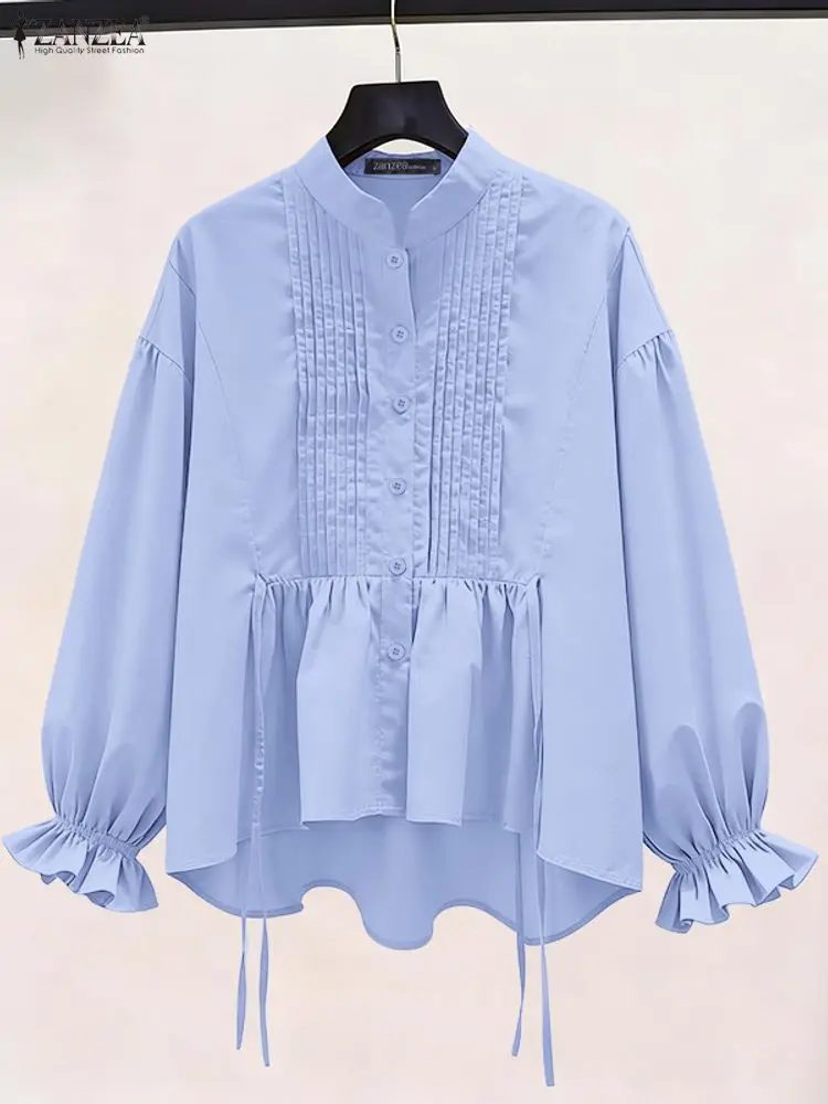 

ZANZEA Elegant Fashion Shirts Women Long Sleeve Pleated Office Lady Blouse 2025 Autumn Casual Solid Stand Collar Tunic Tops