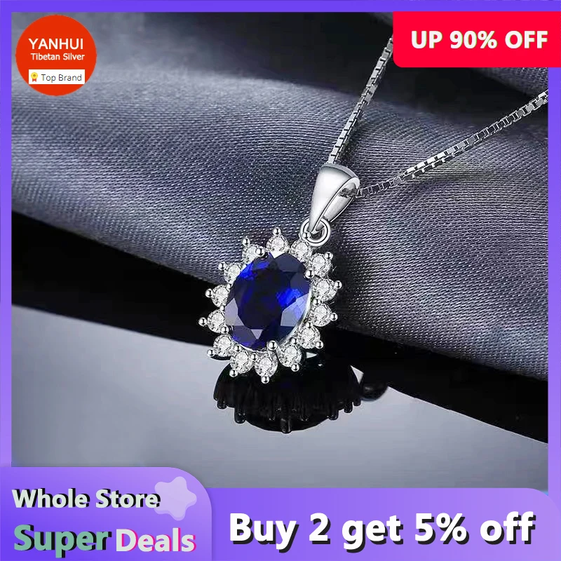 Princess Diana Same Necklace Luxury Created Blue Sapphire Pendant Necklace Women Tibetan Silver Chain Necklace Wedding Jewelry