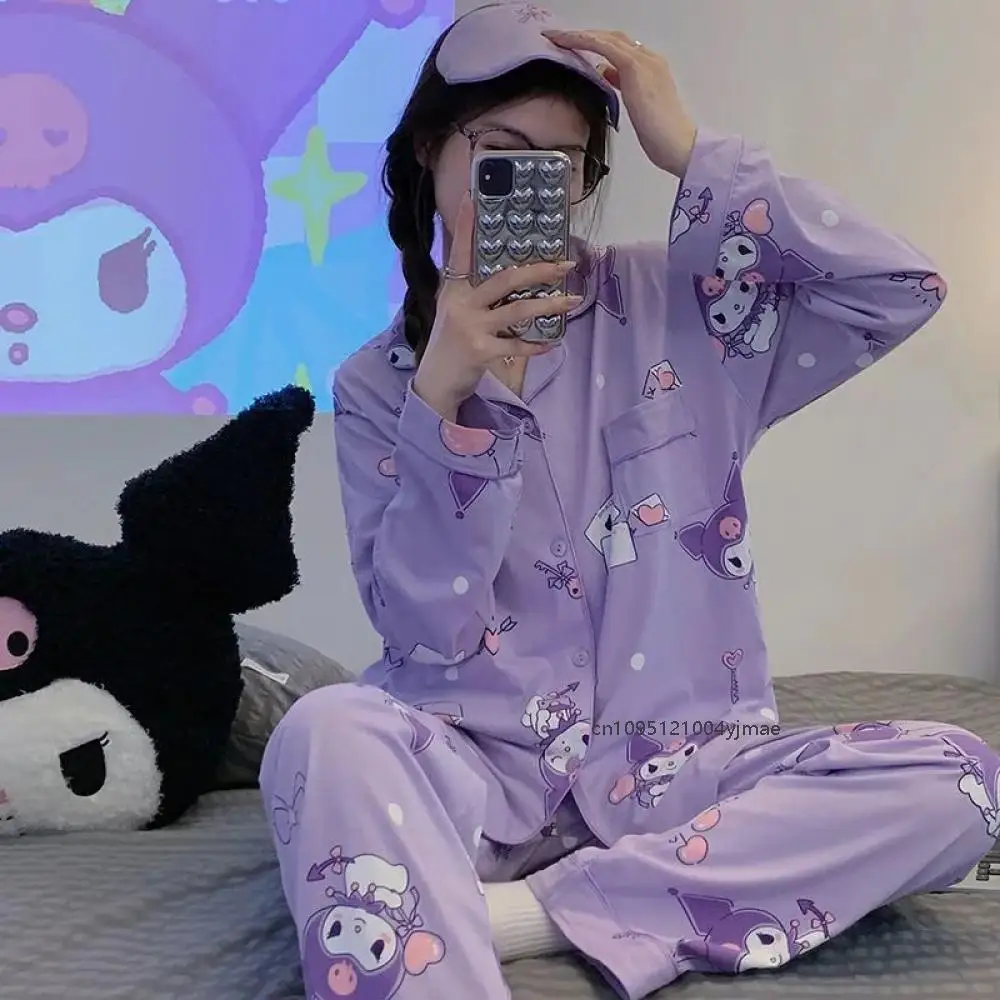 2Pcs Kuromi Cinnamoroll Woman Pajamas Kuromi Melody Kawaii Anime Sanrio Cartoon Loose Casual Pajamas Girl Long Sleeves Home Wear