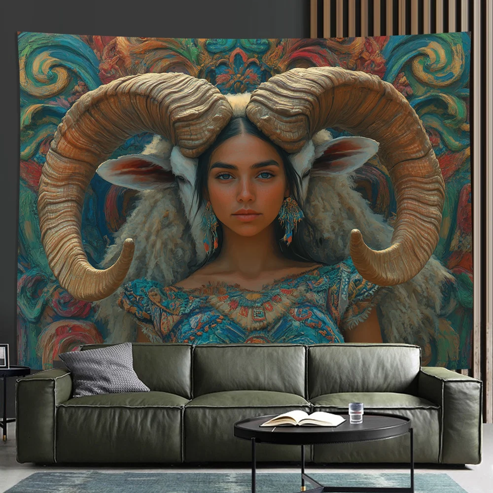 Tribal warriors and sheep Digital printing polyester wall hanging tapestry decorative Living bedrooms Office background gift