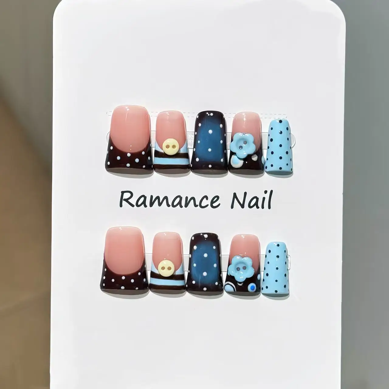 10pcs Dopamine Duckbill Handmade False Nails Blue Stripes French Style Polka Dot Press On Nails 3D Button Flower Decor Fake Nail