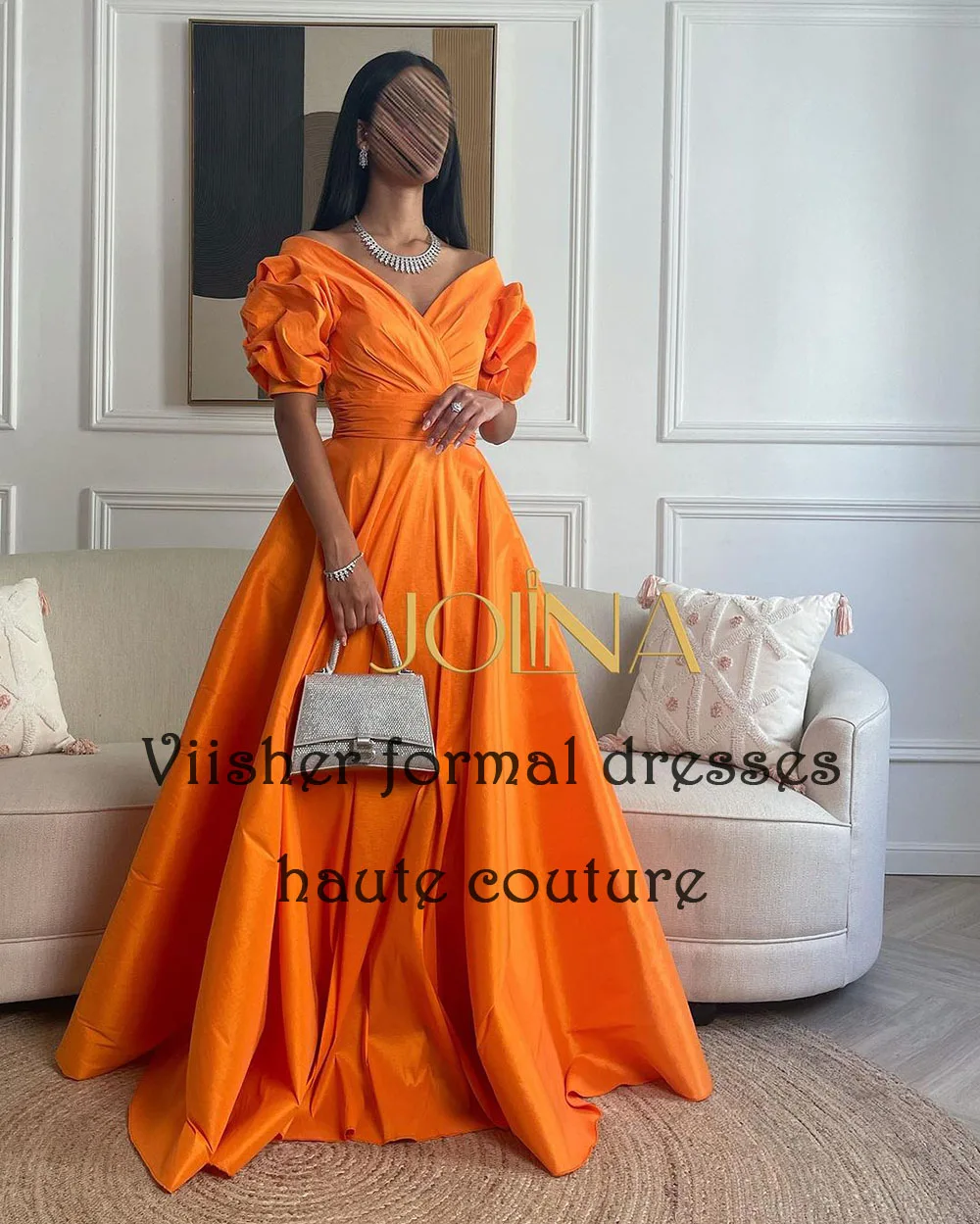 Vestidos de Noche de línea A De satén naranja para mujer, manga corta, cuello en V, vestido de graduación árabe, longitud hasta el suelo, Dubai, ocasión de celebración