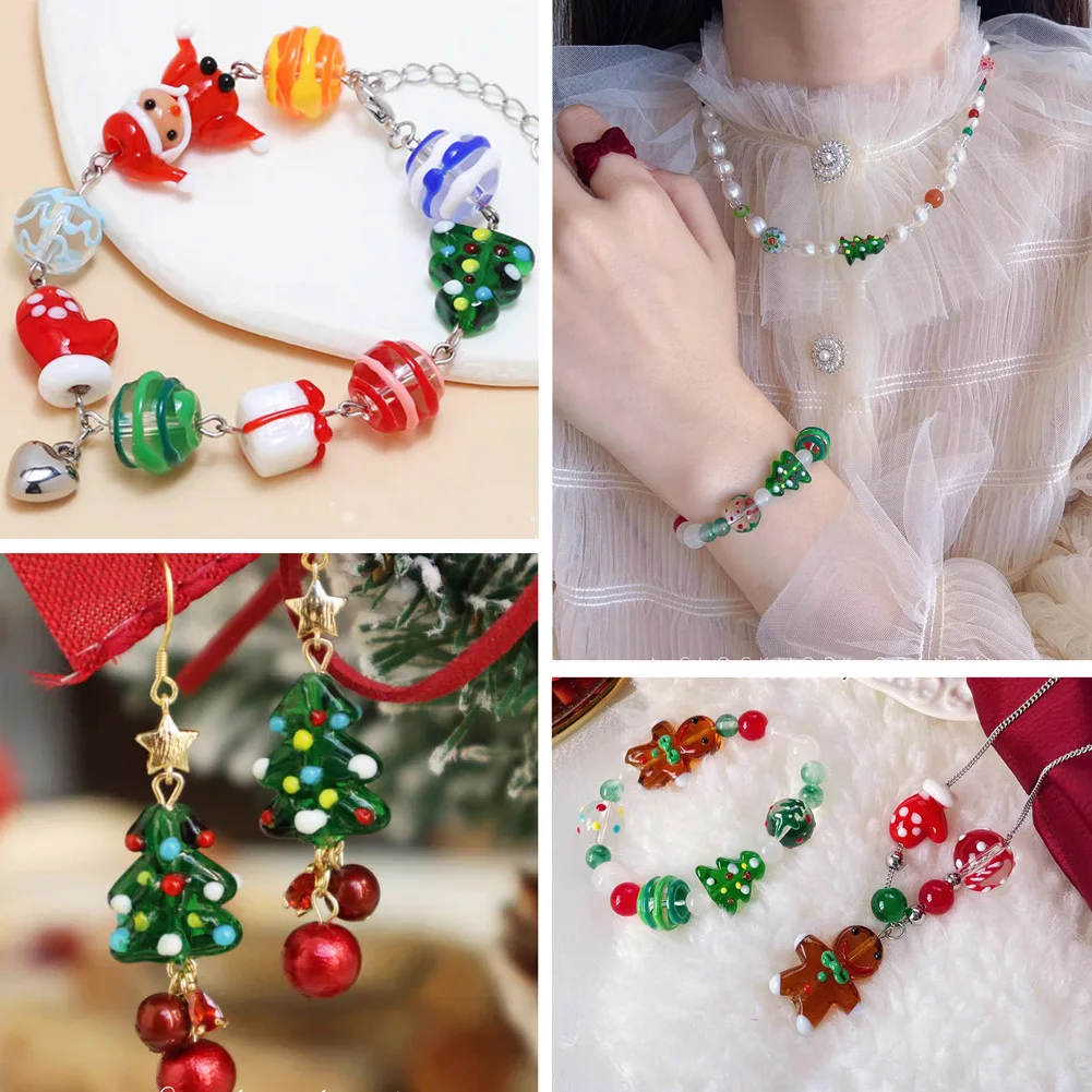 46Pcs Christmas Handmade Lampwork Beads Snowman GlovesTree Loose Spacer Charm Beads for DIY Bracelets Necklace Crafts Decoration