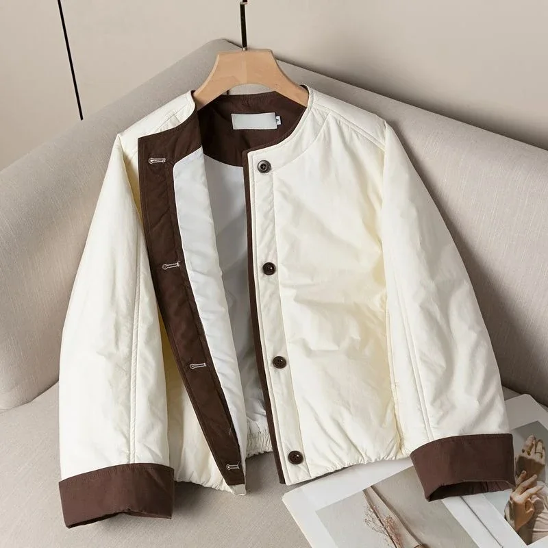 New Fashion Korean O Neck Constrast Color Parkas Autumn Winter Spliced Warm Office Lady Coat Women Single Breasted