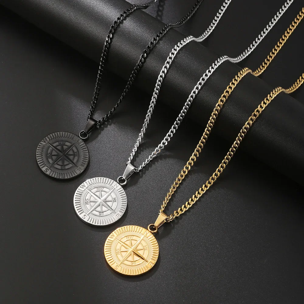 No Fade Layered Necklaces Women Sailing Travel Compass Pendant Stainless Steel Round Coin Collar Cuban Figaro Chain Necklace 3cm