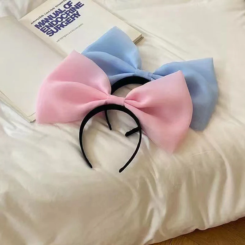 Disney Ears Minnie Mickey Headband Women Cute Big Bow Hairband Girl Kawaii Solid Color Hair Accessories Kids Party Festival Gift