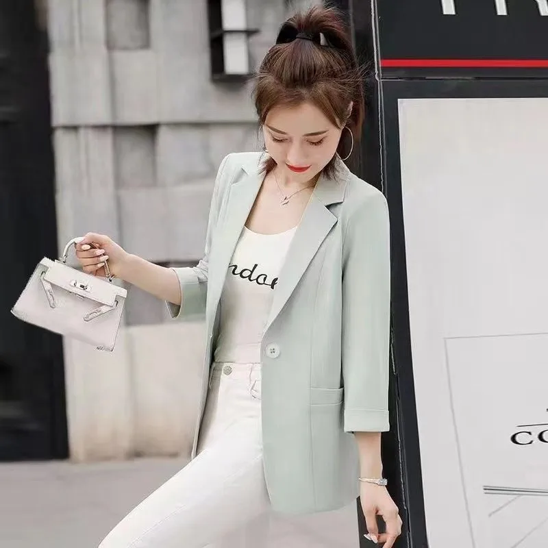 Spring and summer Women's Solid Color Suit Collar Button Loose Fit Medium Sleeve Coat Fashion Elegant Commuter Topss