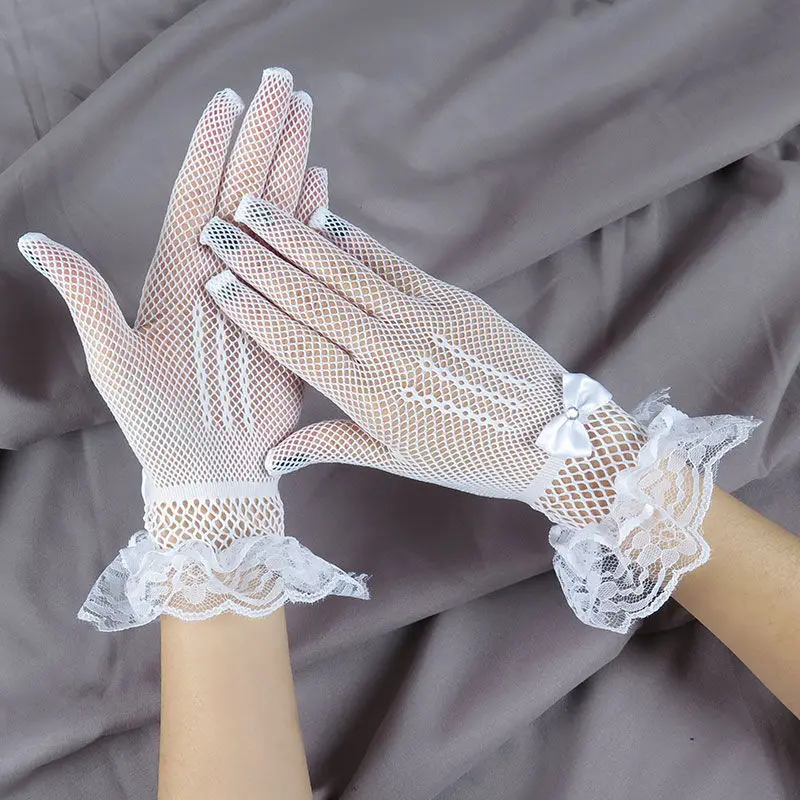 Elegant Ladies Short Lace Gloves Sheer Fishn Net Black White Prom Party