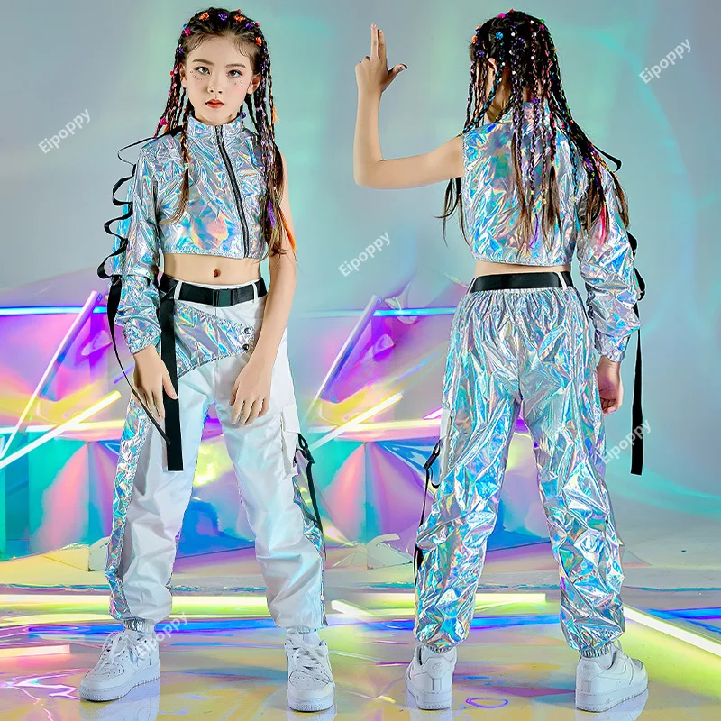 

Dance Clothes Reflective Outfit Girl Sets Jazz Dancewear Festival Crop Tops Cargo Pants Catwalk Show Costume