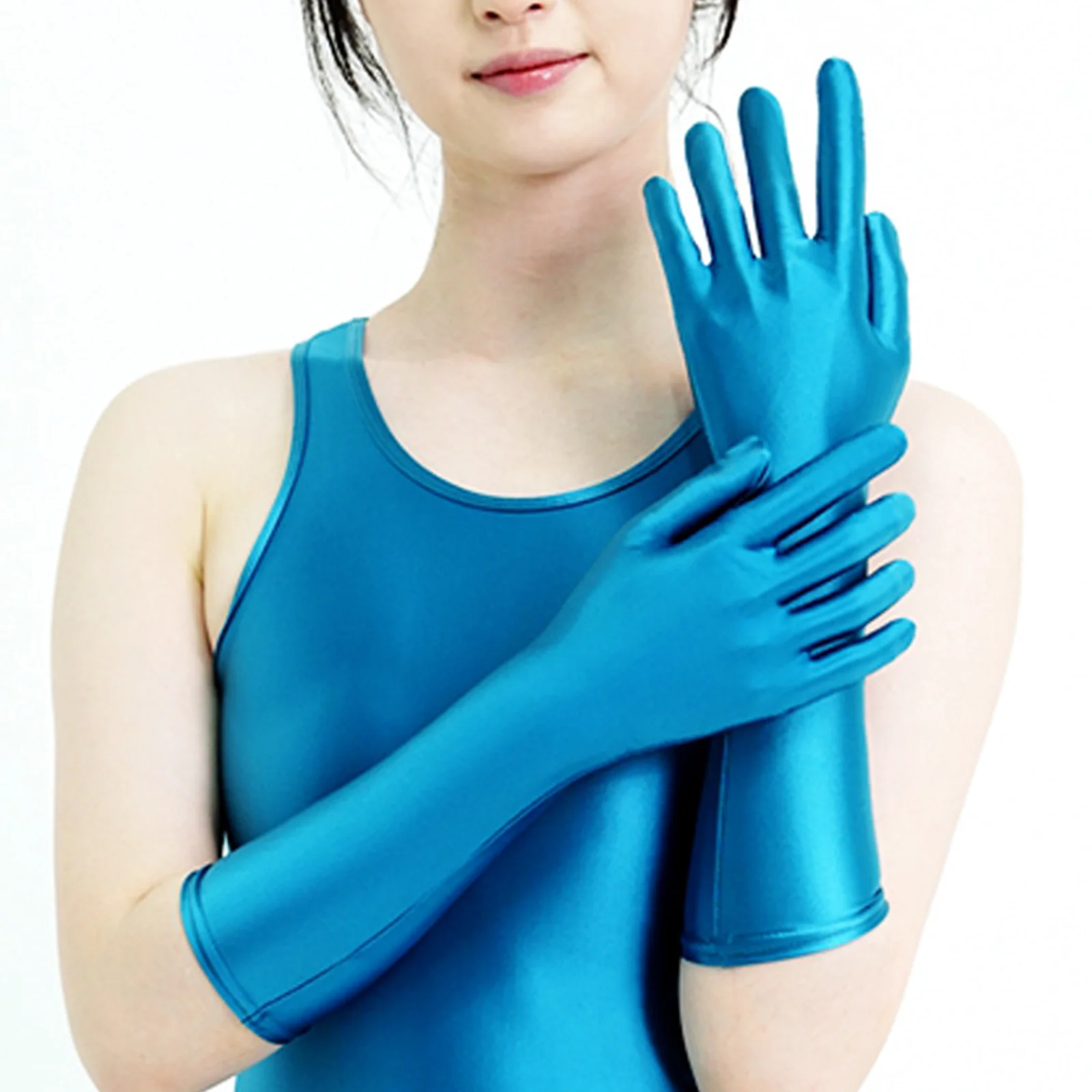 Gants en Satin brillant à l'huile, doigts connectés, Sexy, haute élasticité, Ultra longs, pour carnaval, jeu de rôle, Clubwear, robe