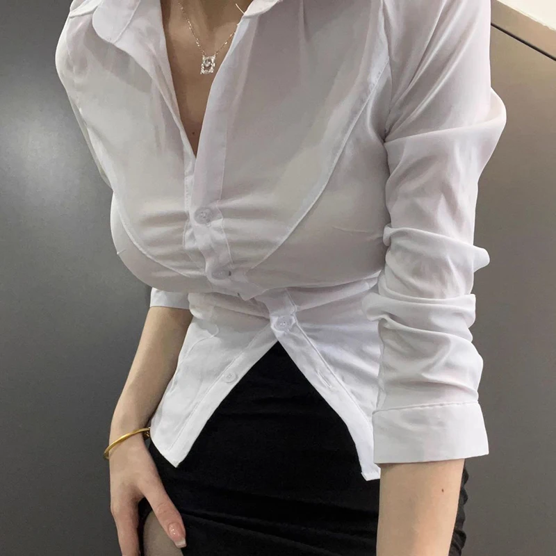 Lucyever Sexy Slim Fit White Women Shirts Elegant Single-Breasted Lapel OL Office Blouse Ladies All-Match Long Sleeve Crop Tops