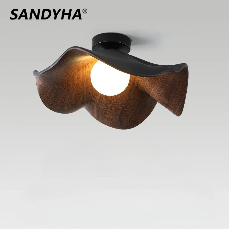 SANDYHA Retro Brown Ceiling Light Wooden Wave Shaped Pendant Lamp Home Decor for Corridor Balcony Bedroom Bedhead Led Chandelier