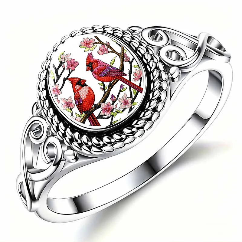 Vibrant Cardinals Flower Branch Pattern Copper Ring, Sparkling Decorative Design, Available in Multiple Sizes, Fashionable Jewelry, Suitable for Daily Dressing and Special Occasions