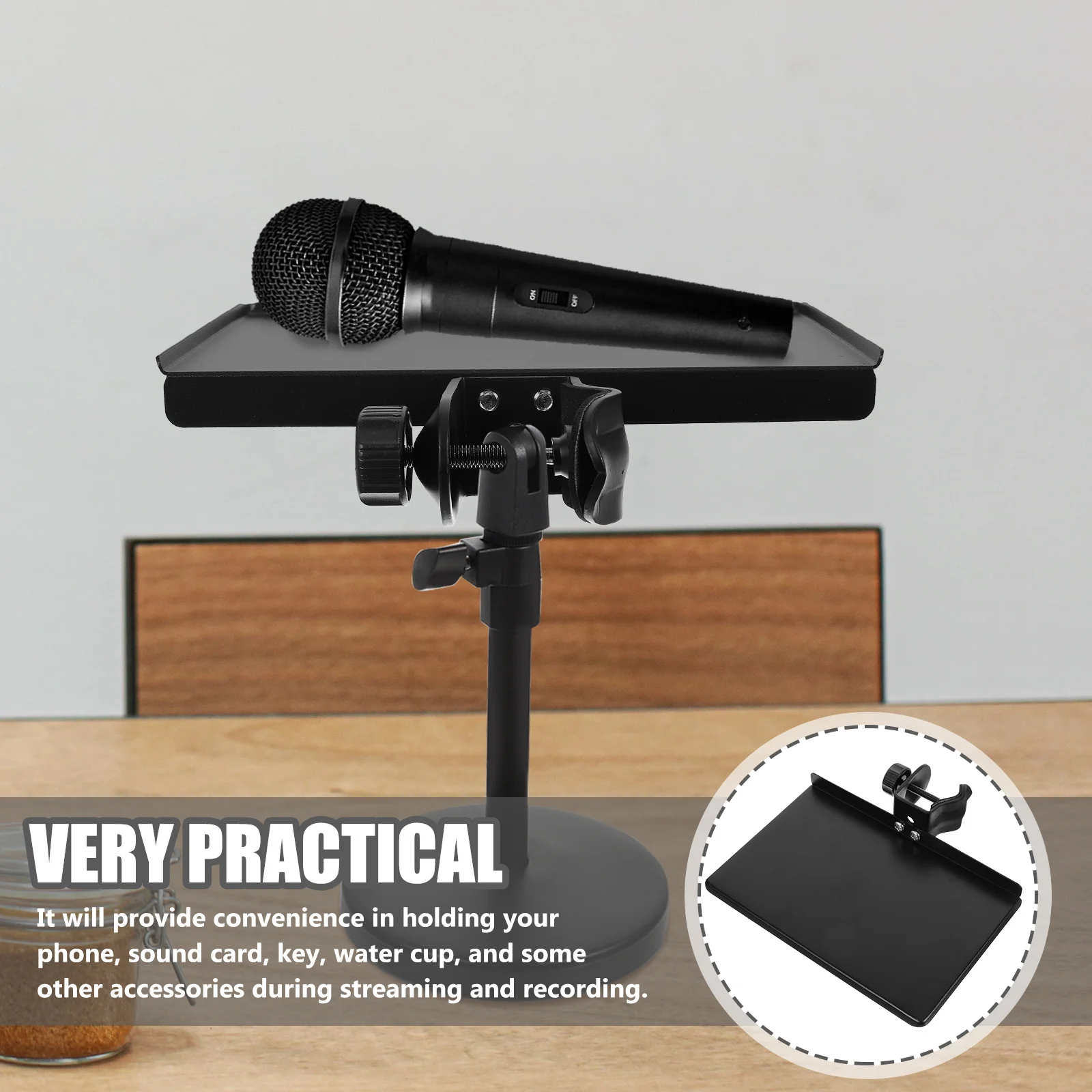

Live Broadcast Microphone Stand Tray Adjustable Height Sound Card Clip-on Tray for Stage and Office Mic Holder