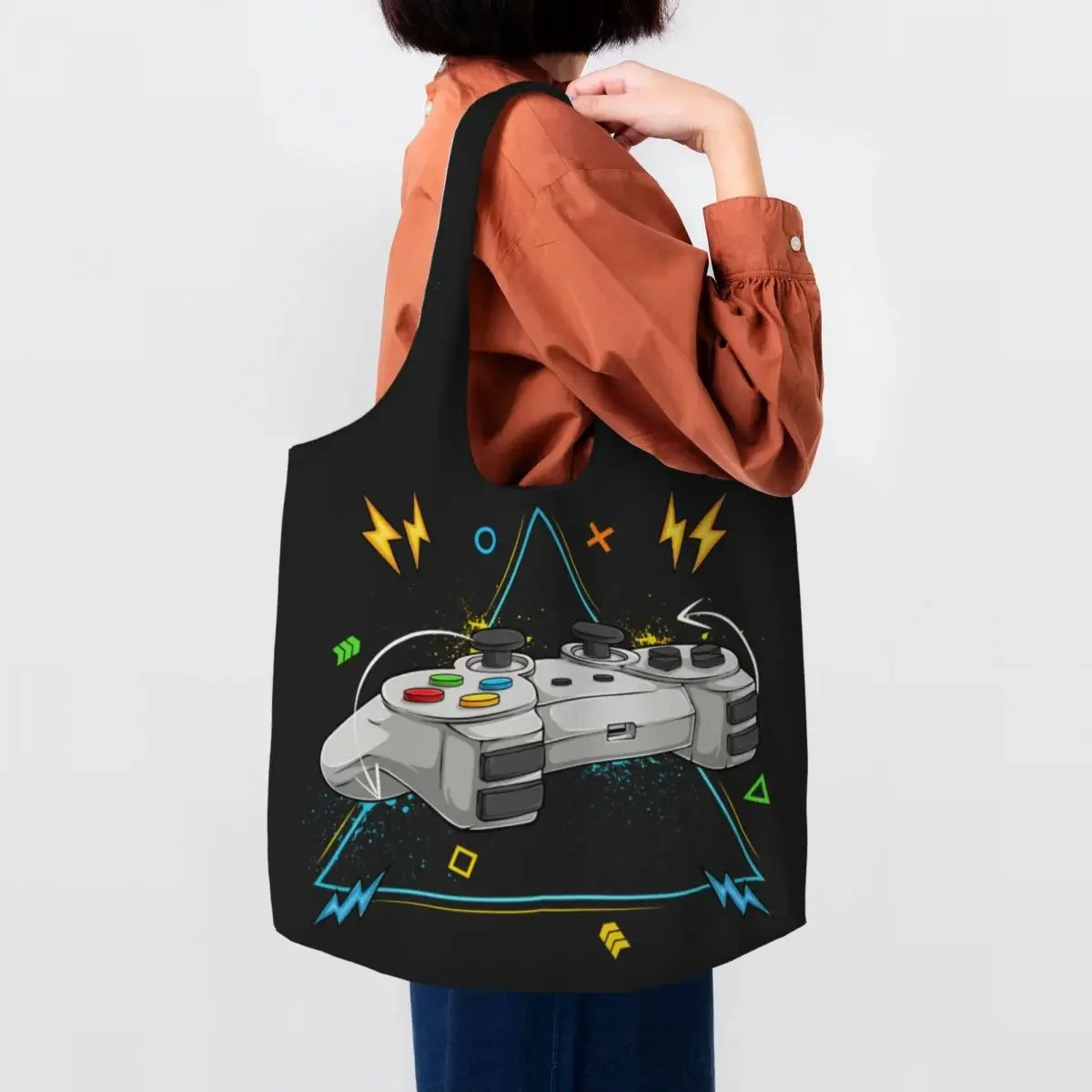 

Custom Gamer Gaming Controller Canvas Shopping Bags Women Recycling Big Capacity Grocery Video Game Lover Gift Tote Shopper Bags