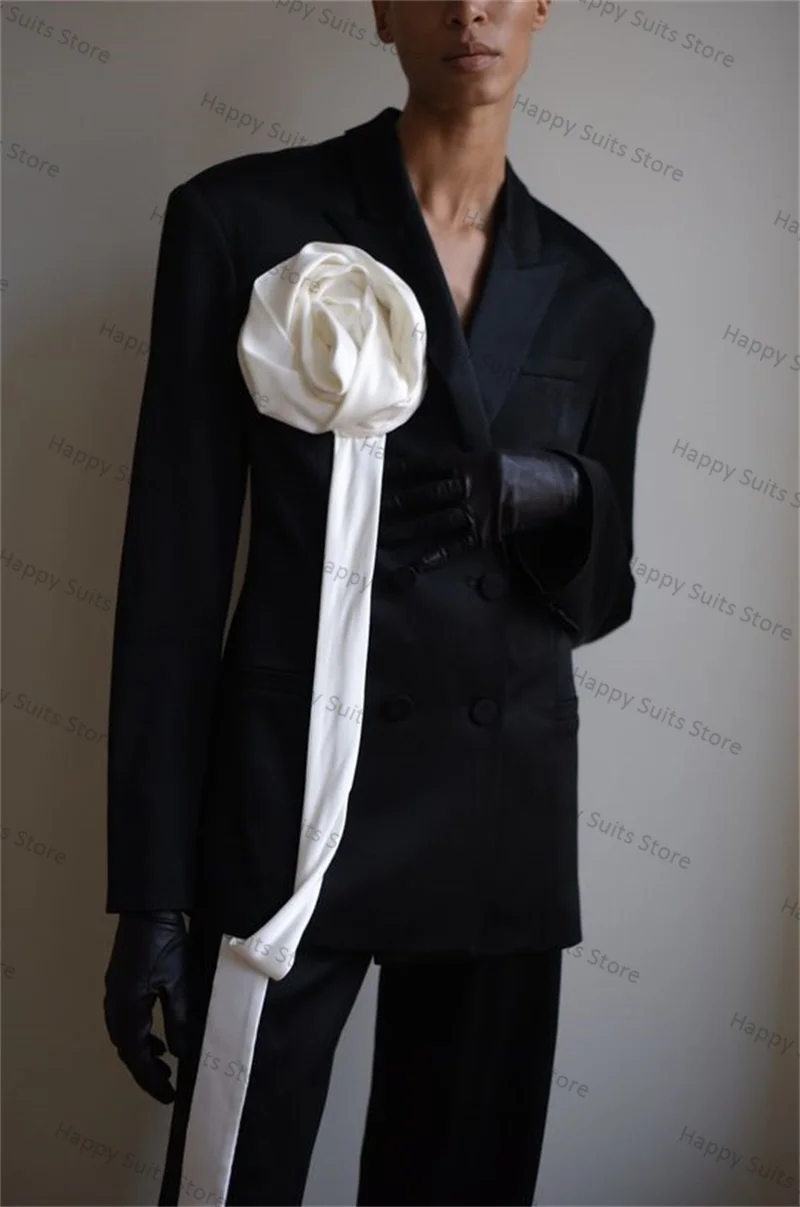 Luxury Black White Men Suit Set 2 Pieces Blazer+Pants Formal 3D Flower Cotton Office Jacket Cotton Coat Trousers Wedding Tuxedos