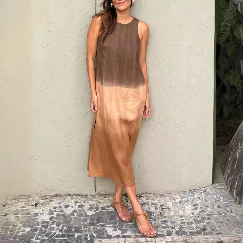 Abito estivo da spiaggia sfumato Abito da donna casual con scollo a O Patchwork Abito lungo da donna Elegante abito longuette senza maniche Boho Robe