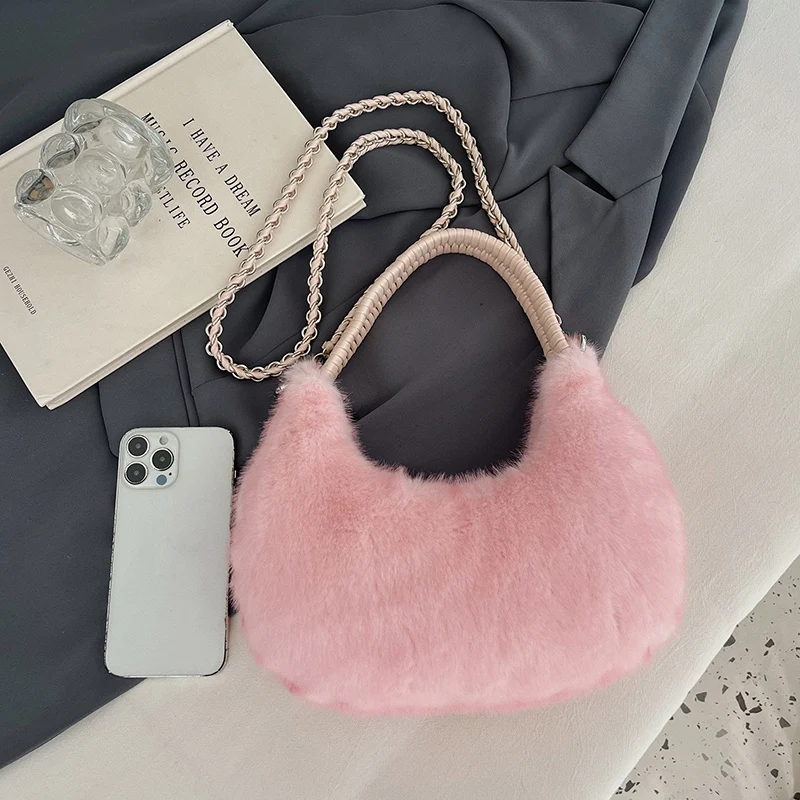 Halbmond-Design Lammwoll-Handtasche Clutch für Damen 2026 Winter Weiche Flauschige Handtasche Halbkreis-Plüsch-Umhängetasche Bolsa – Detail 10