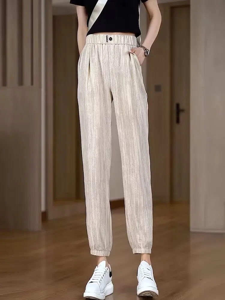 

Летние тонкие свободные спортивные шаровары Qui Dry с манжетами и девятью точками, женские брюки из ледяного шелка с высокой талией, прямые брюки для поездок на работу