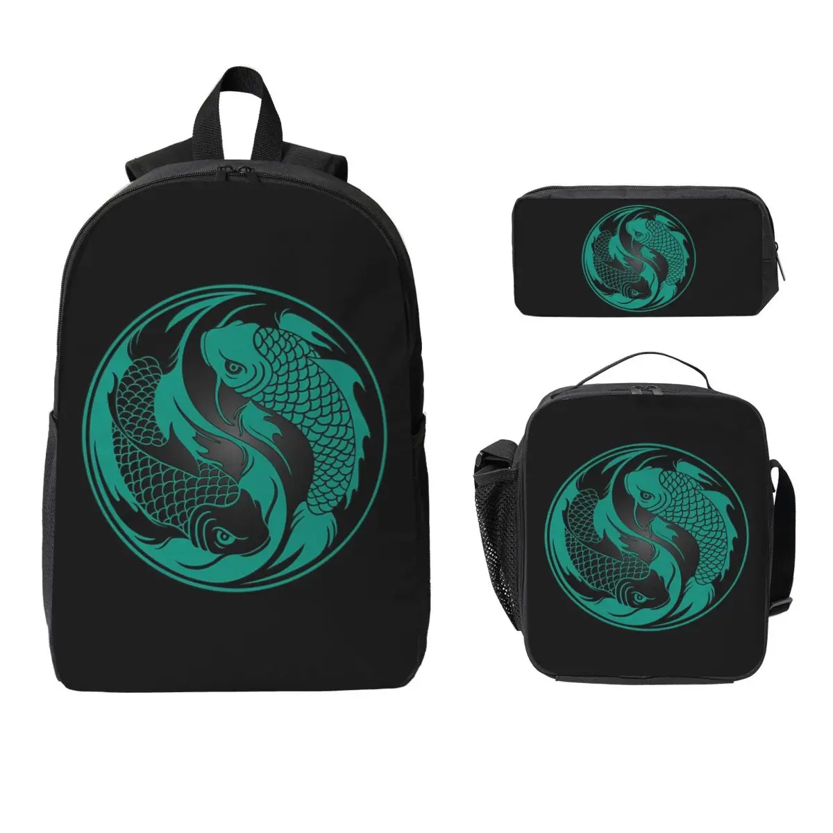 

Teal Blue And Black Yin Yang Koi Fish Backpack Boys Girls BookBag School Bag Shoulder Bags 3ps Insulated Lunch Bag Pencil Case