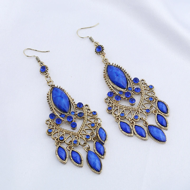 Royal Blue Ethnic Vintage Dangle Earrings for Women Elegance Tassel Water Drop Design Earring Wedding Festival Jewelry