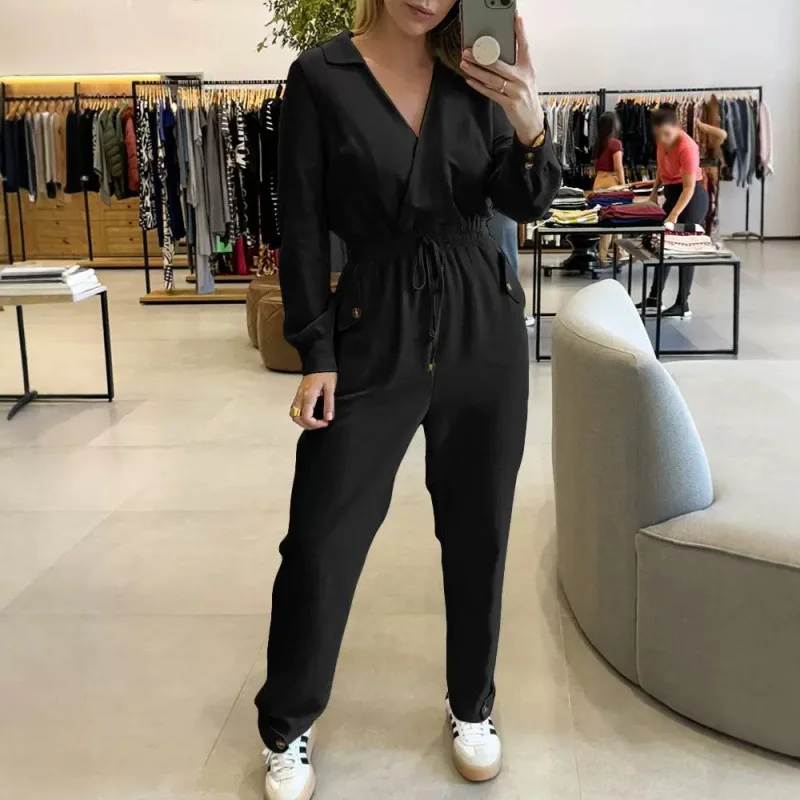 Women Drawstring Strap Slim-fit Jumpsuits Pants Overall High Waist Solid Color V Neck Ankle Length Jumpsuit