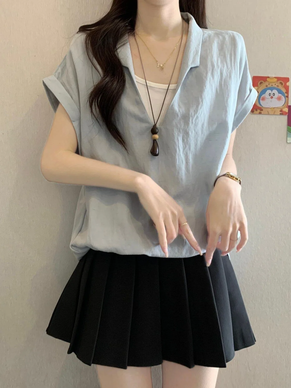 

Elegant Unique Short Sleeve Shirt Women's Loose Top Korean Style Commute Fashion Age Reduction Summer New Arrival 2026