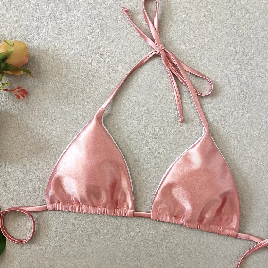 Sexy cetim rosa glitter halter tie string biquinis define duas peças tanga bandagem maiô banho biquini tankini