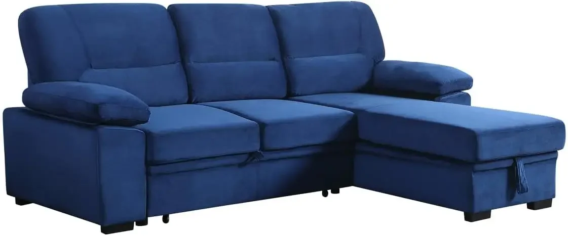 Kipling Blue Velvet Fabric Reversible Sleeper Sectional Sofa Chaise