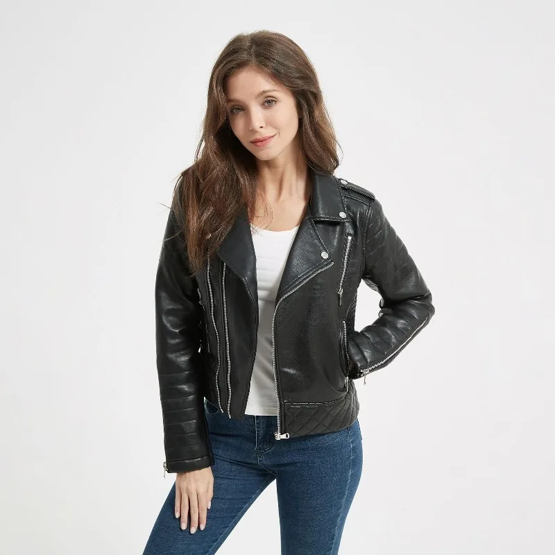 2025 New Spring Autumn Women PU Leather Jacket Short Slimming Embossed Tops Fashion Diagonal Zippers Lapel Loose Women's Coat