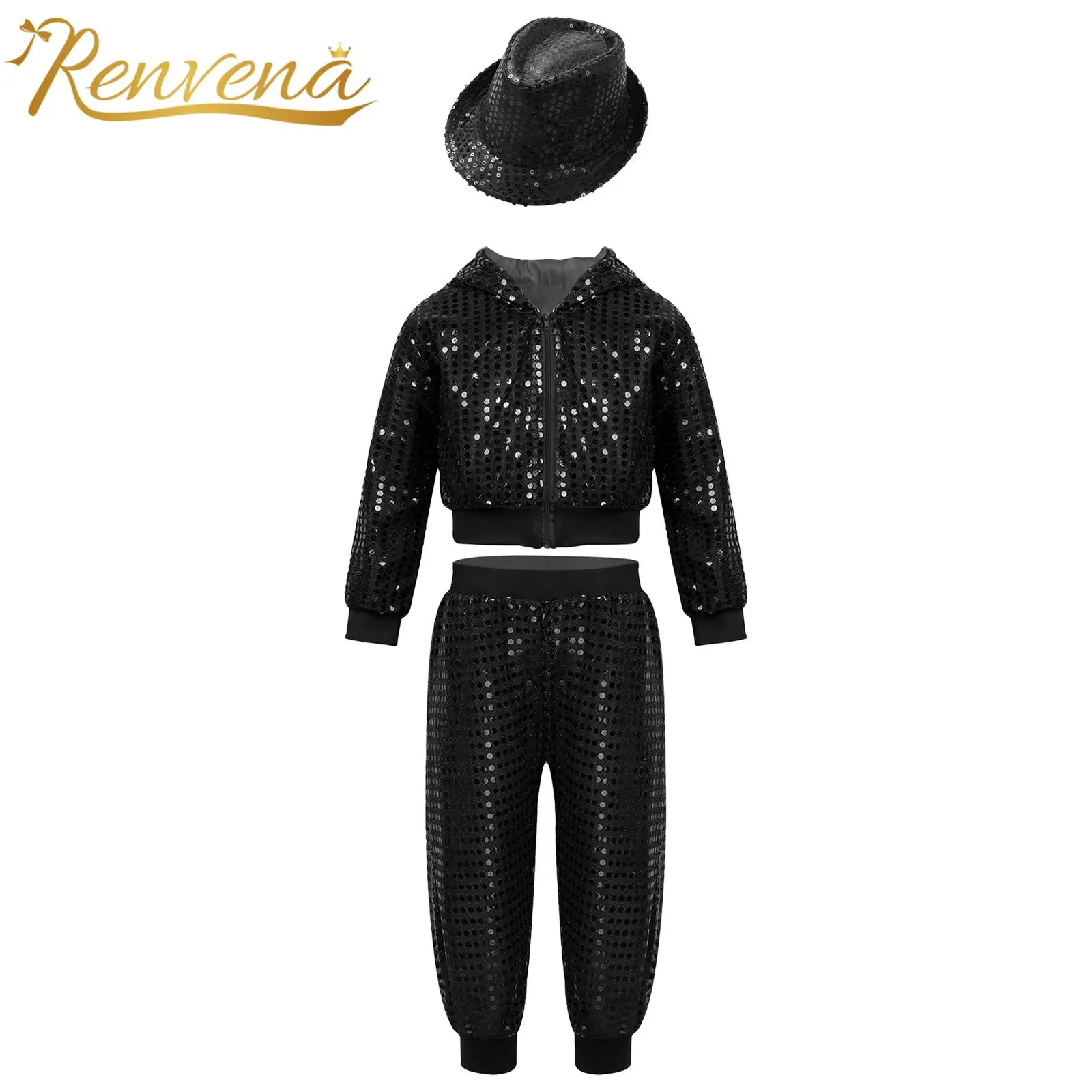 Kids Boys Girls Glittery Sequins Long Sleeve Hiphop Clothes Sets Jazz Dance Costume for Magic Show Stage Performance Clothing