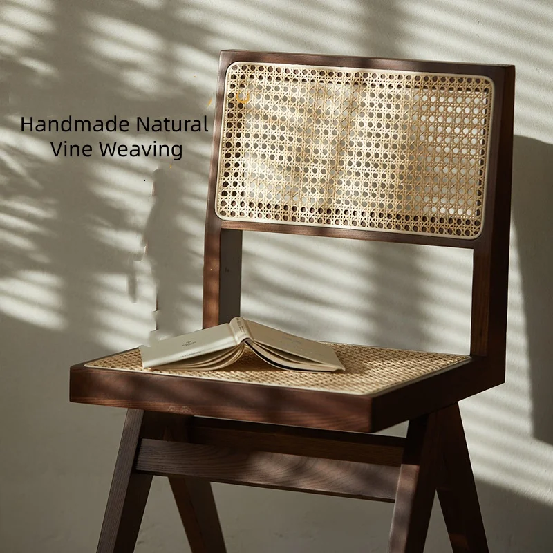 Modern Solid Wood Upholstered Rattan Armchair with Cushion and Cane Back for Dining Room and Living Room