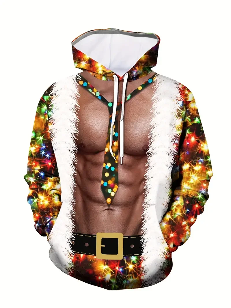 3D Santa Claus Men's Hooded Abdominal Muscle Christmas Creative Men Women Hooded Casual Loose Long-sleeved Sports Shirt Sports