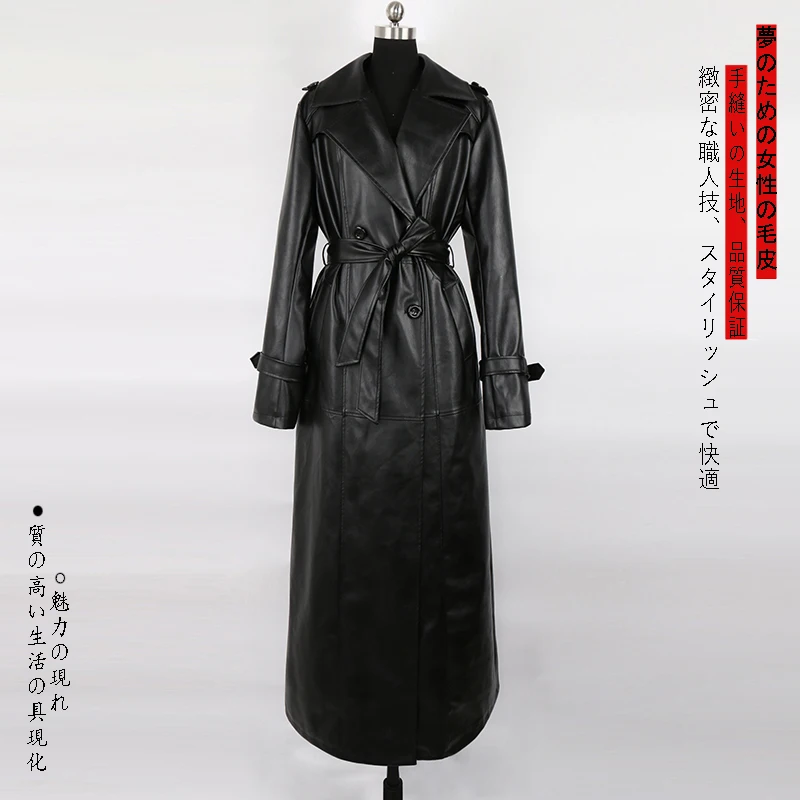 Mauroicardi Spring Autumn Waterproof Black Soft Pu Leather Trench Coat for Women Belt Double Breasted Floor Length Overcoat 2025