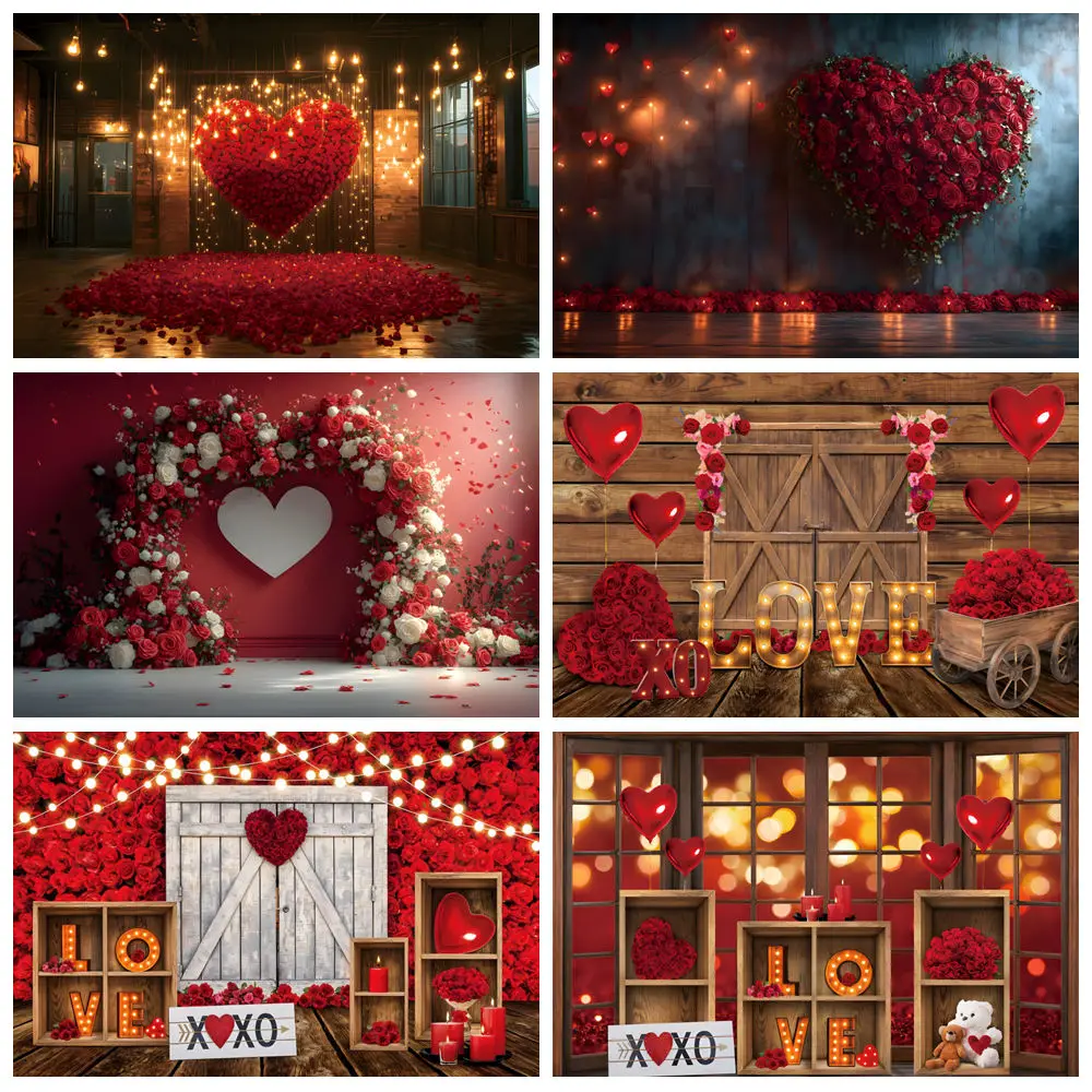 

Valentine's Day Photography Backdrops Big Red Rose Love Heart Interior Propose Wedding Background Decor Wall Photo studio Props