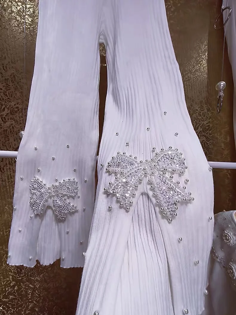 Korean Heavy Industry Beads Beaded Bow Split Flared Pants Knitted Wide-Leg Pants for Women Spring Summer New Cool White Trousers