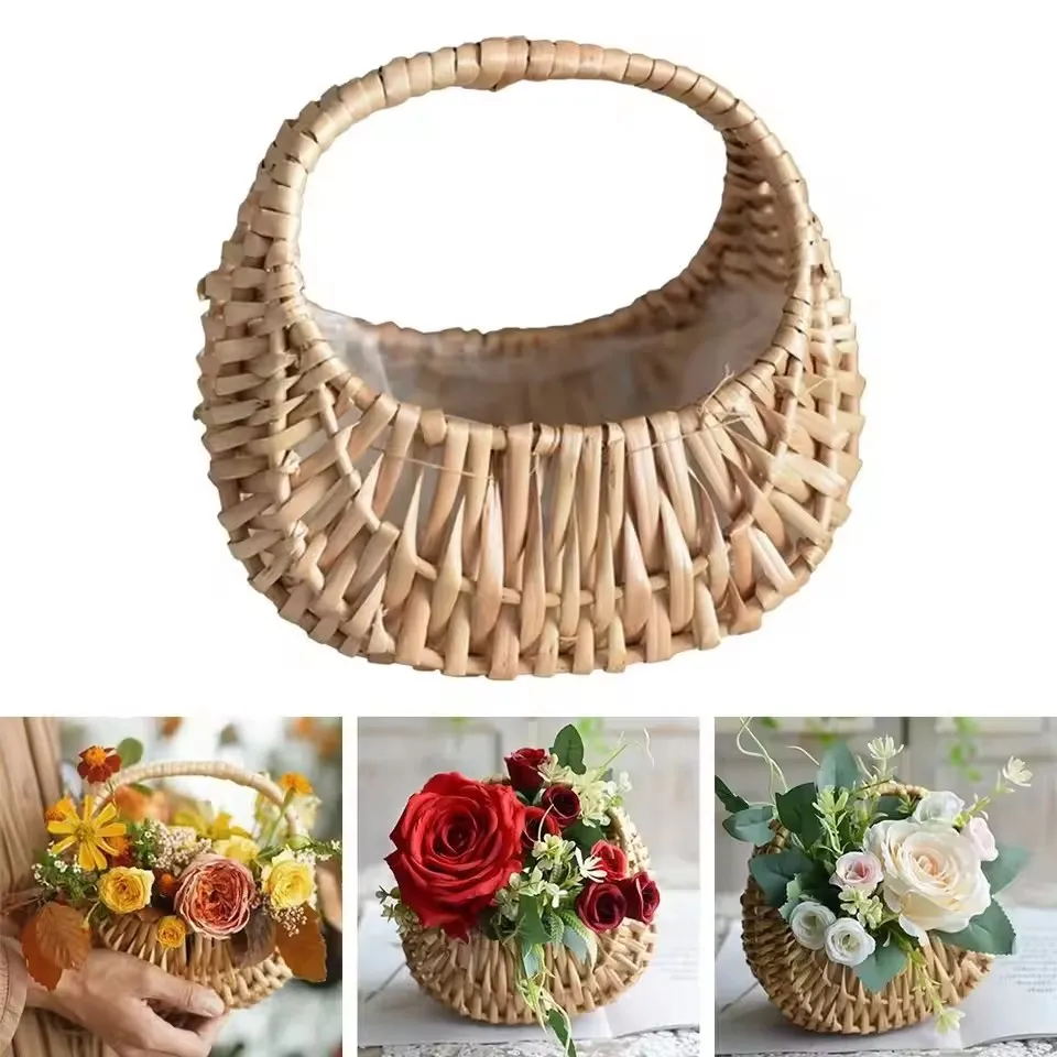 Willow Rattan Flower Girl Baskets Yellow Sturdy Flower Arrangement Basket Picnic Container Handmade Wicker Half Moon Baskets