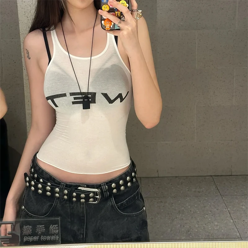 Wet Letter Print White Crop Top Shirt Y2k Streetwear Sexy Summer Clothes for Women Tank Tops 2024