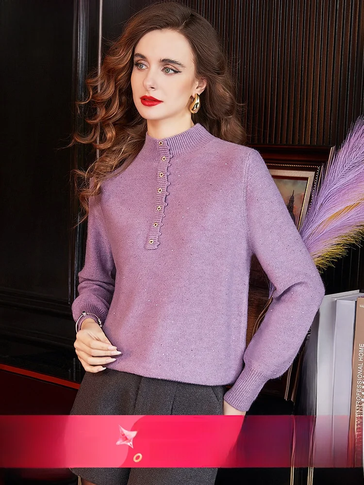 

Thickened Wool Blend Knitted Sweater Women's Fashionable Semi-High Collar Inner Wear Base Top Casual Style Winter Essential