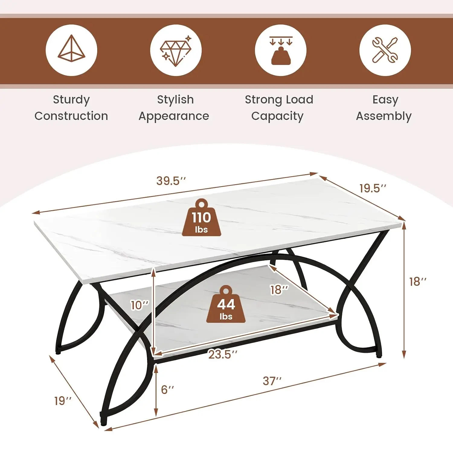 2-Tier Coffee Table with Open Storage Shelf, Faux Marble Top & Black Metal Frame for Small Space, Customized