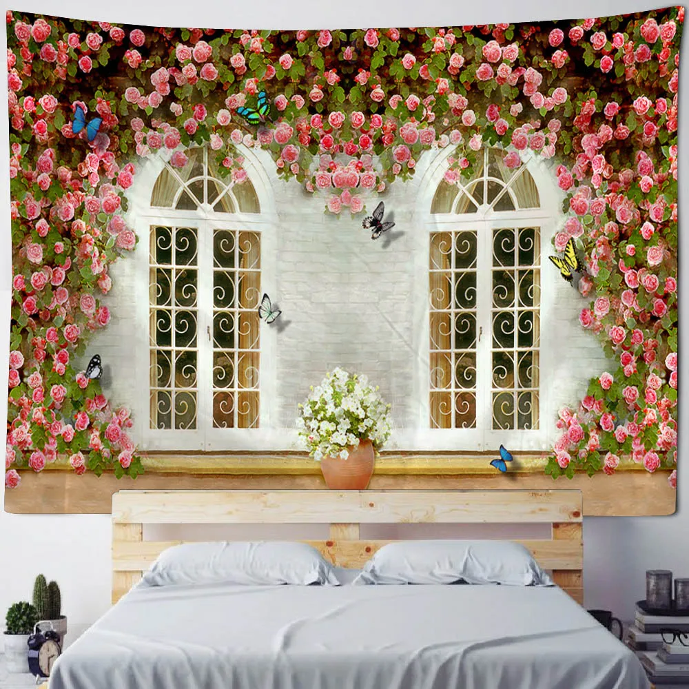 Flower brick wall landscape tapestry, printed hanging cloth, home decoration, bedroom living room background hanging cloth