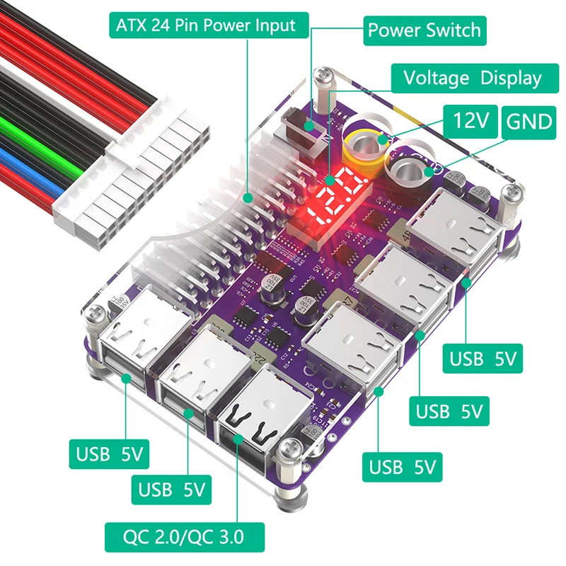 ATX 24Pin Power Supply Breakout Board Adapter Acrylic Case Kit 12 Port USB2.0 3 Digit LED Display 12V Output Support QC2.0 QC3.0