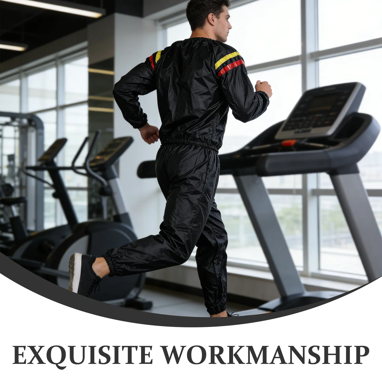 1Set Sauna Sweat Suit Women Fitness Gym Workout Tracksuit Set Black Full Body Sweat Exercise Suit Elastic Waist Collar Ankle view 2