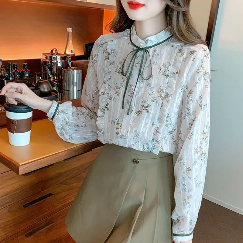 Spring Autumn New Stand Collar Long Sleeve Fashion Shirt Women High Street Casual Printing Button Cardigan Elegant Bow Chic Top