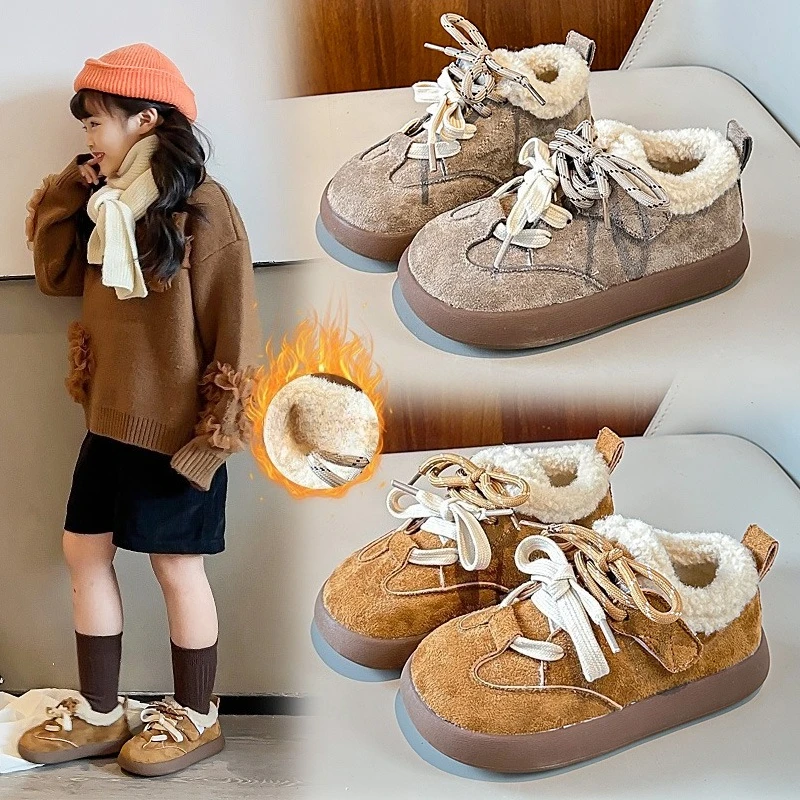 

Детская повседневная обувь, замшевые теплые детские туфли на плоской подошве с круглым носком, новинка зимы 2025, спортивная обувь для мальчиков и девочек, модная модная обувь с мягкой подошвой
