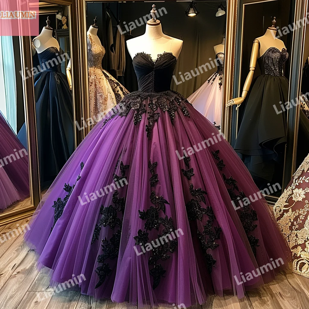 Classic Custom Made Purple Tulle Black Lace Applique Ball Gown Beading Strapless Evening Prom Dresses Formal Clothing W15-44.6