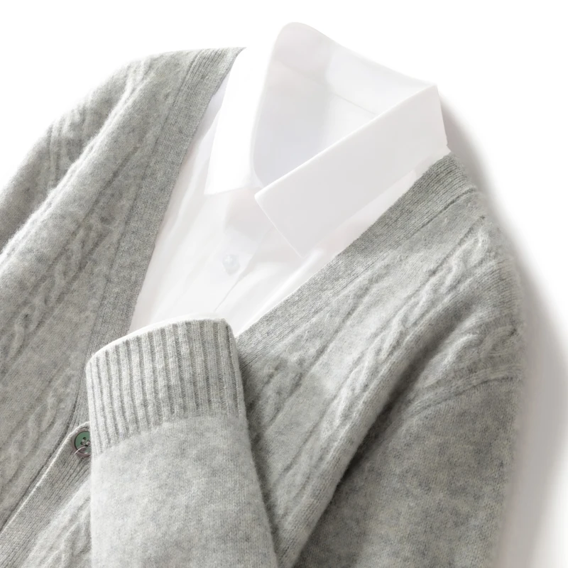 2024 New Men's Twist Flower V-Neck Cardigan Autumn Winter Cashmere Sweater 100% Merino Wool Knitwear Smart Casual Soft Warm Tops