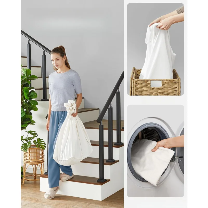 Rolling Laundry Basket with Wheels, 3-Section Synthetic Rattan, Removable Liner