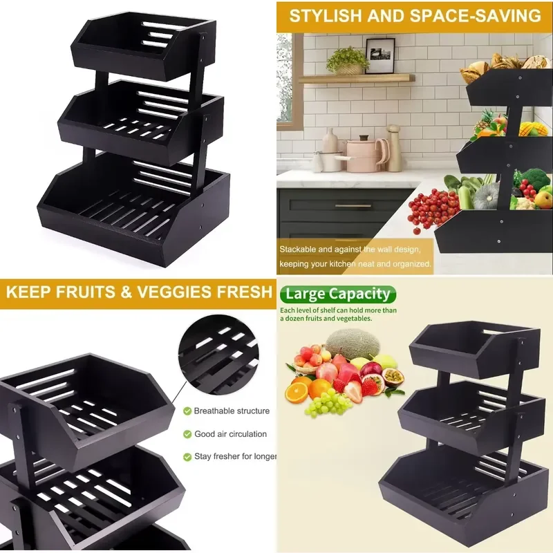 for Wholesale Wooden Three Layer Fruit Basket Bowl Kitchen Countertop Vegetable Storage Rack Big Bamboo Fruit Basket