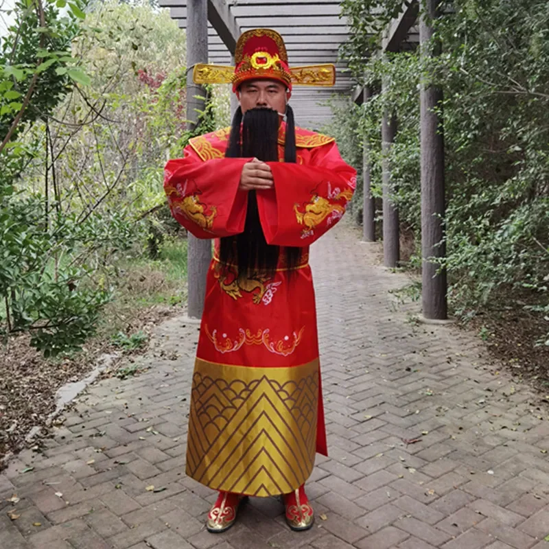 Одежда God of Wealth, полный комплект для взрослых, мужчин и женщин, ежегодное собрание, празднование удачи, костюм Бога, приветственный новогодний наряд